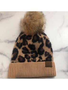 C.C Exclusives Soft Beanie Hat with Leopard Print Pattern and Faux Fur Pom
